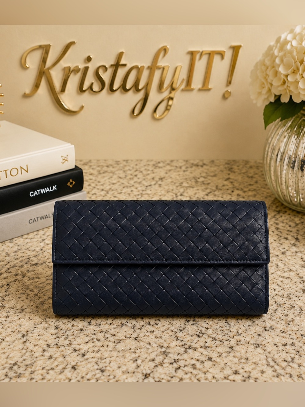 Bottega Veneta Intrecciato Woven Leather Continental Wallet Navy Blue